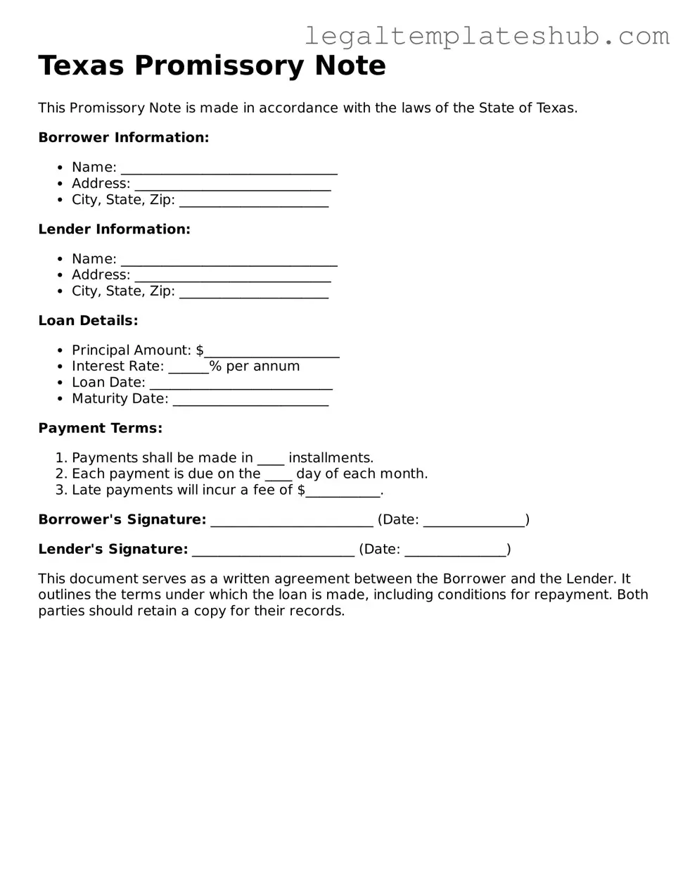 Printable  Promissory Note Document for Texas