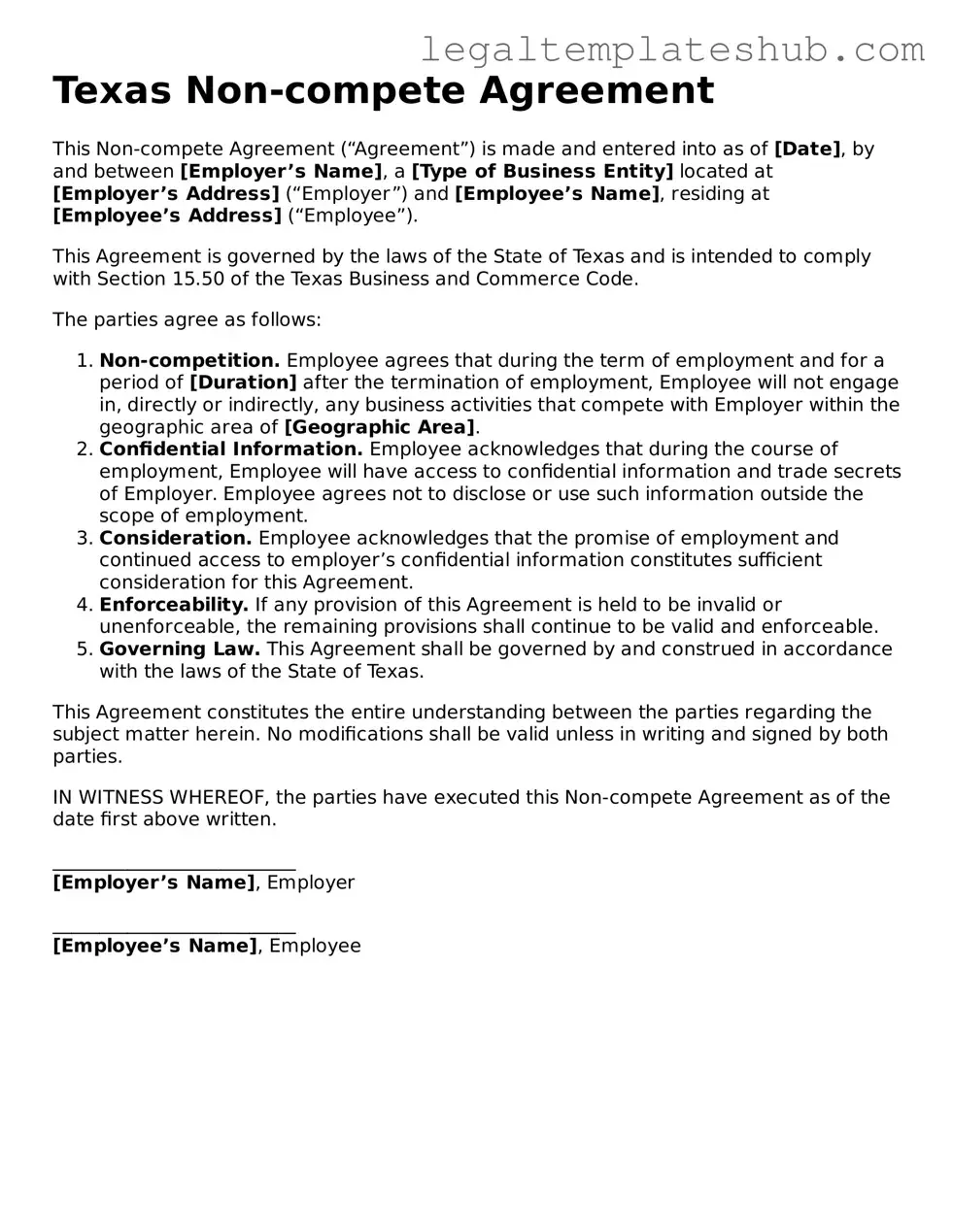 Printable Non-compete Agreement Document for Texas