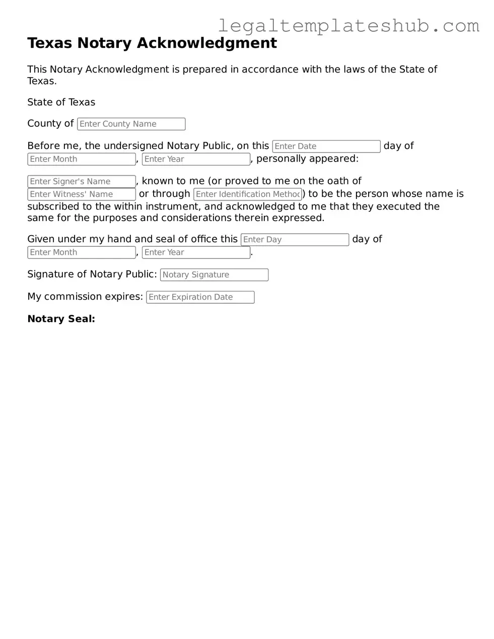 Printable Notary Acknowledgement Document for Texas