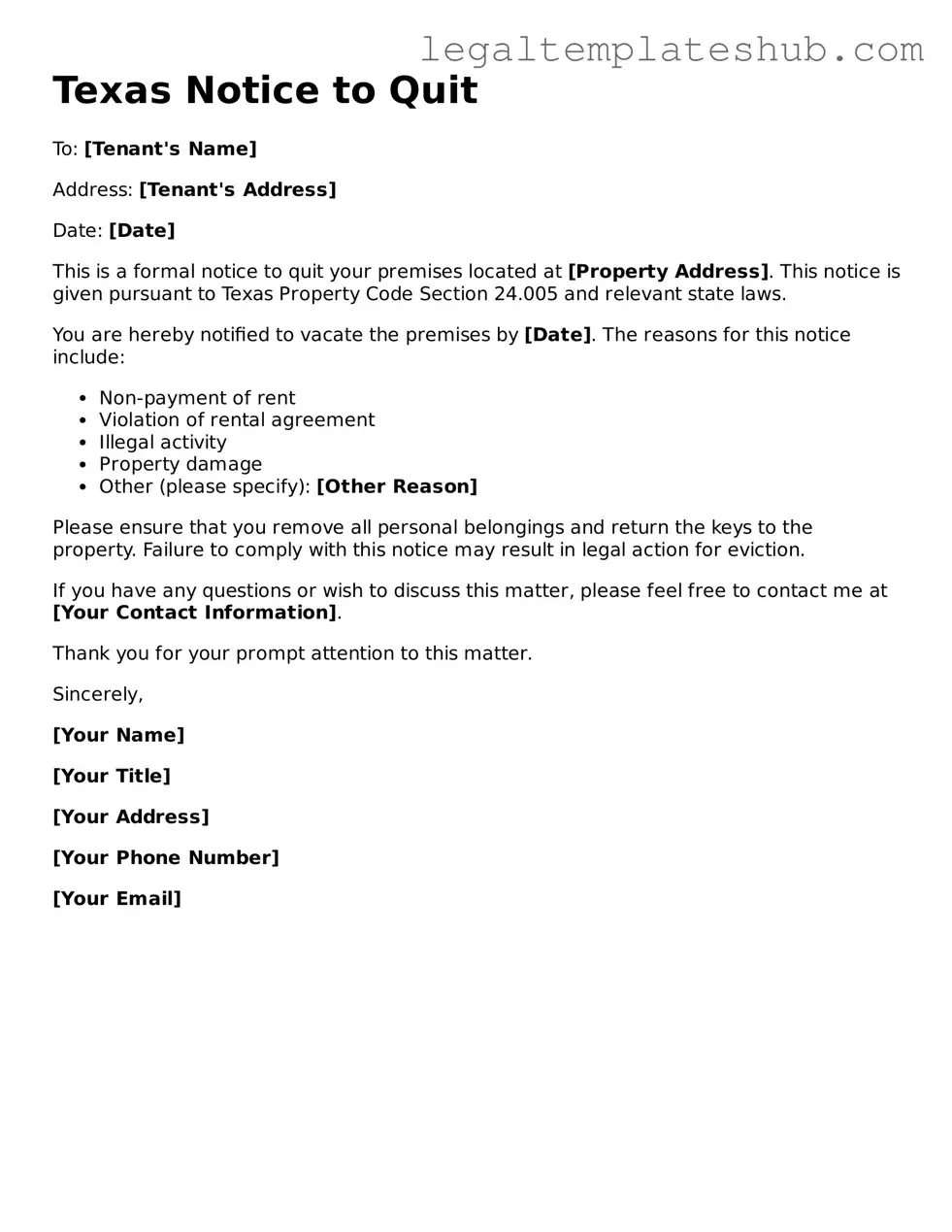 Printable  Notice to Quit Document for Texas
