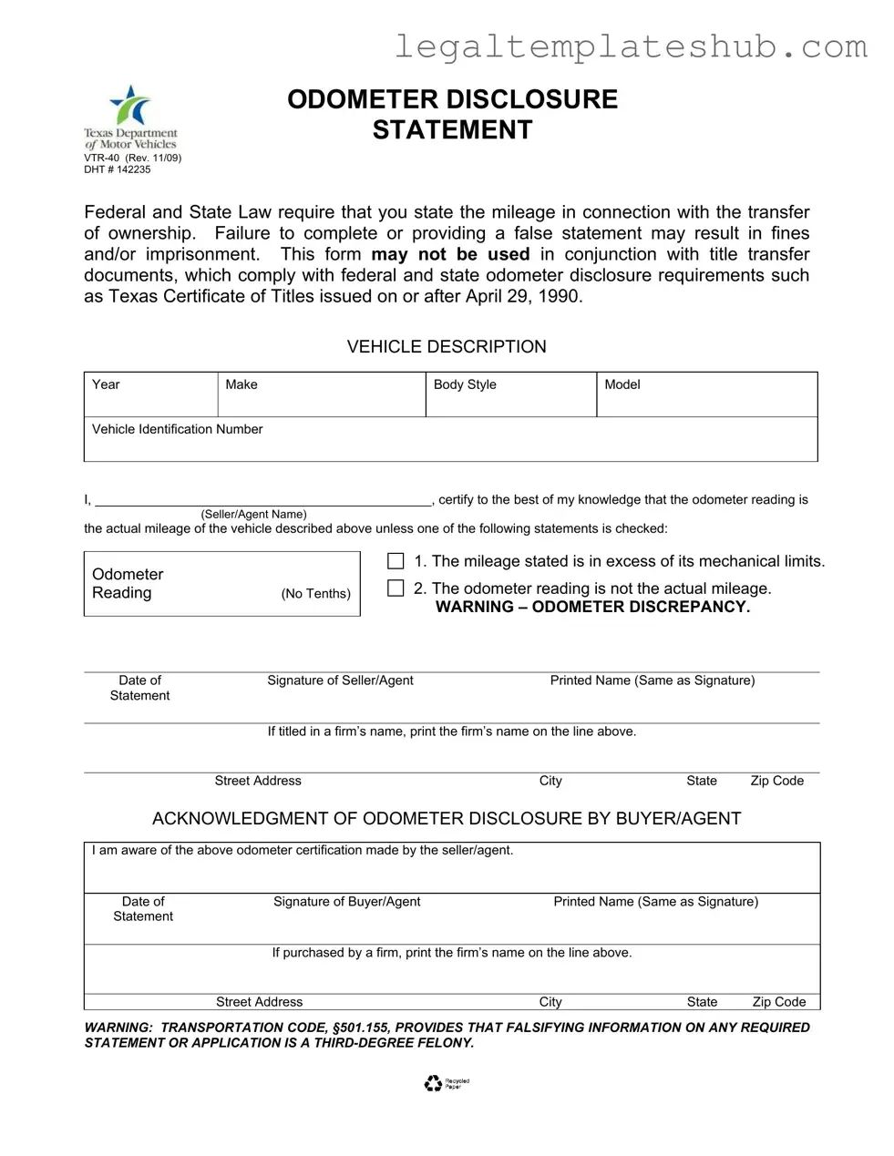 Blank Texas Odometer Statement PDF Form