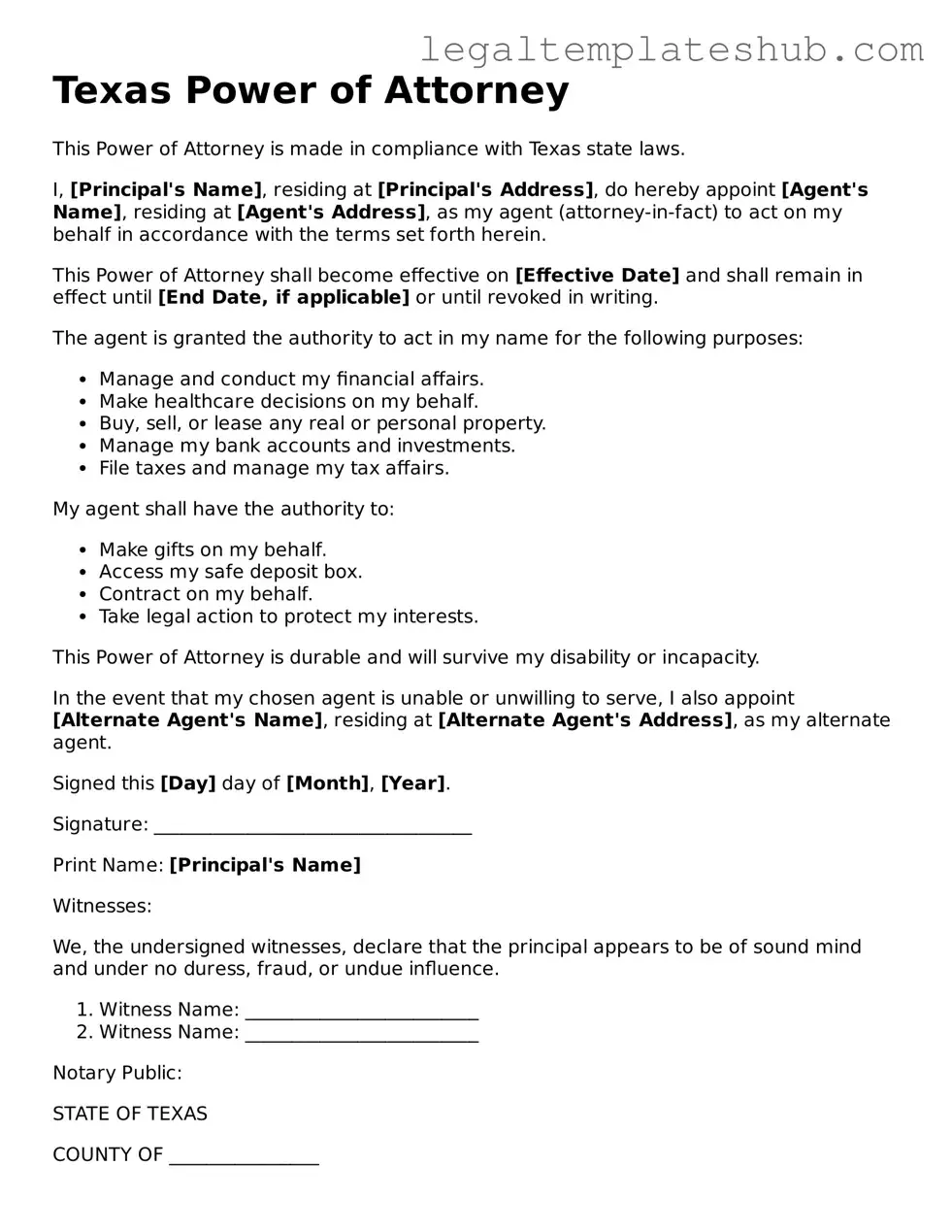 Printable Power of Attorney Document for Texas