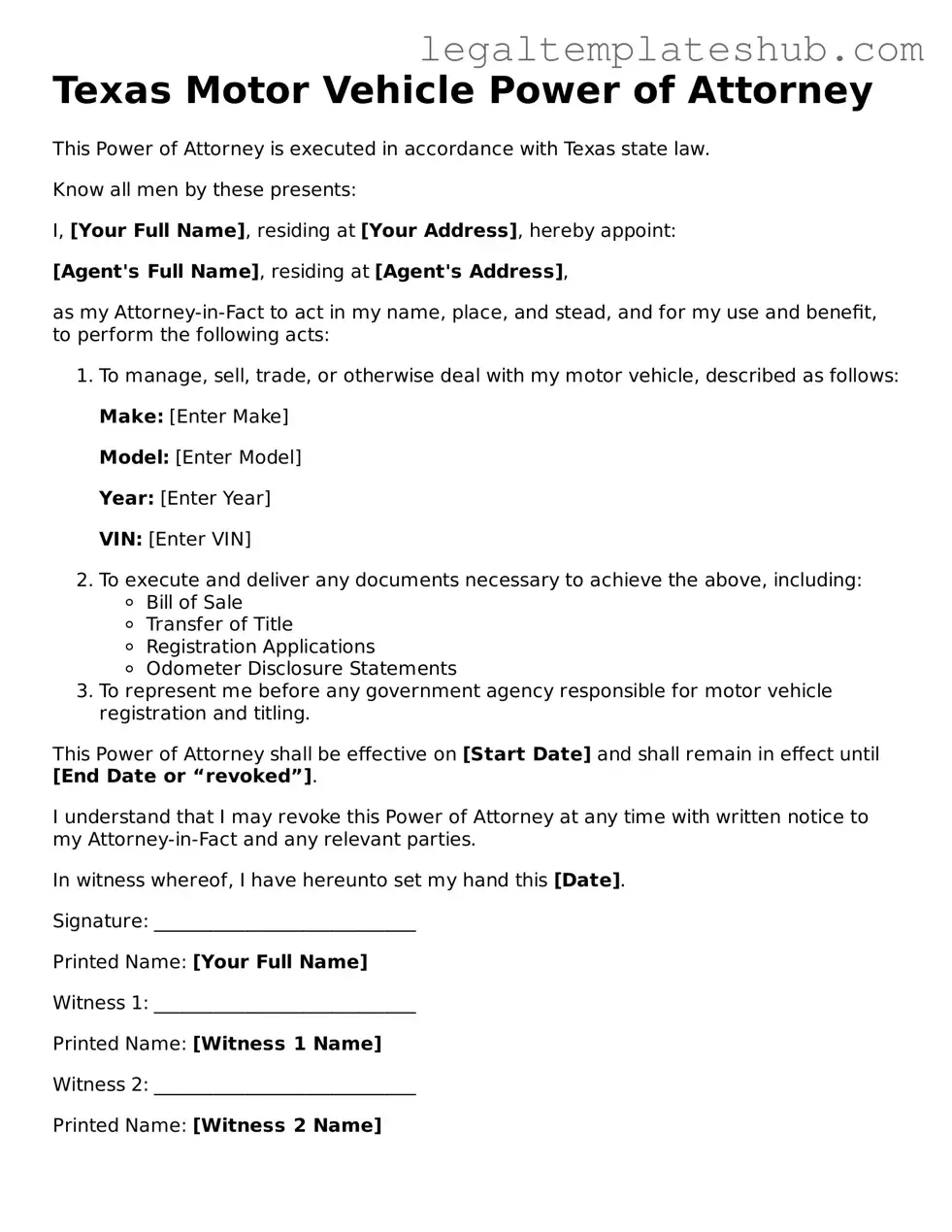 Printable Motor Vehicle Power of Attorney Document for Texas