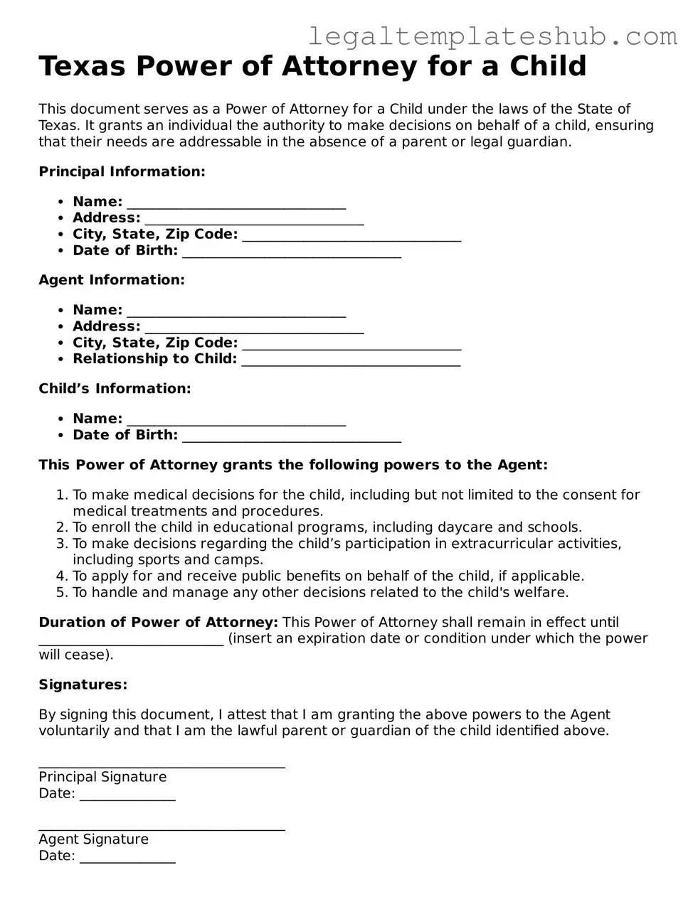 Printable Power of Attorney for a Child Document for Texas
