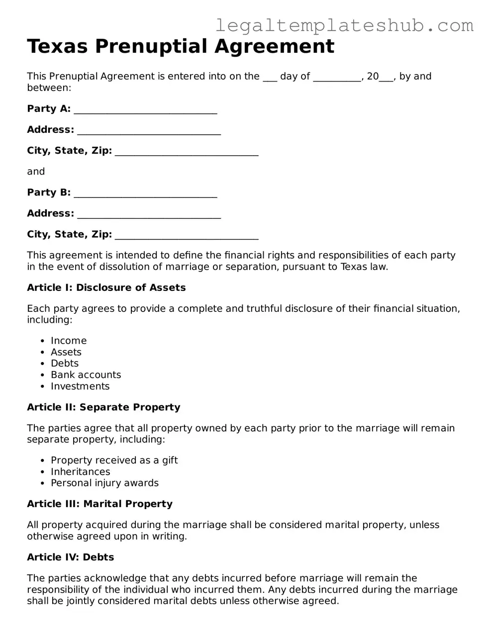 Printable  Prenuptial Agreement Document for Texas