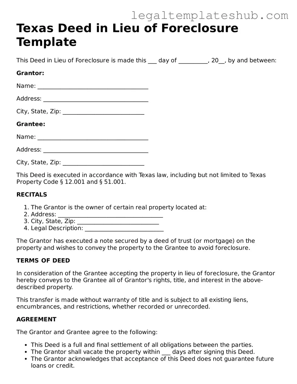 Printable  Deed in Lieu of Foreclosure Document for Texas