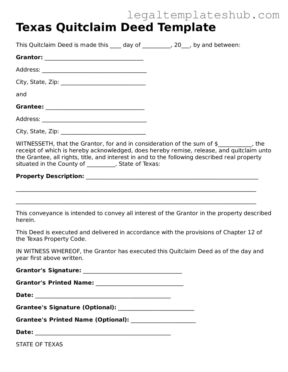 Printable Quitclaim Deed Document for Texas