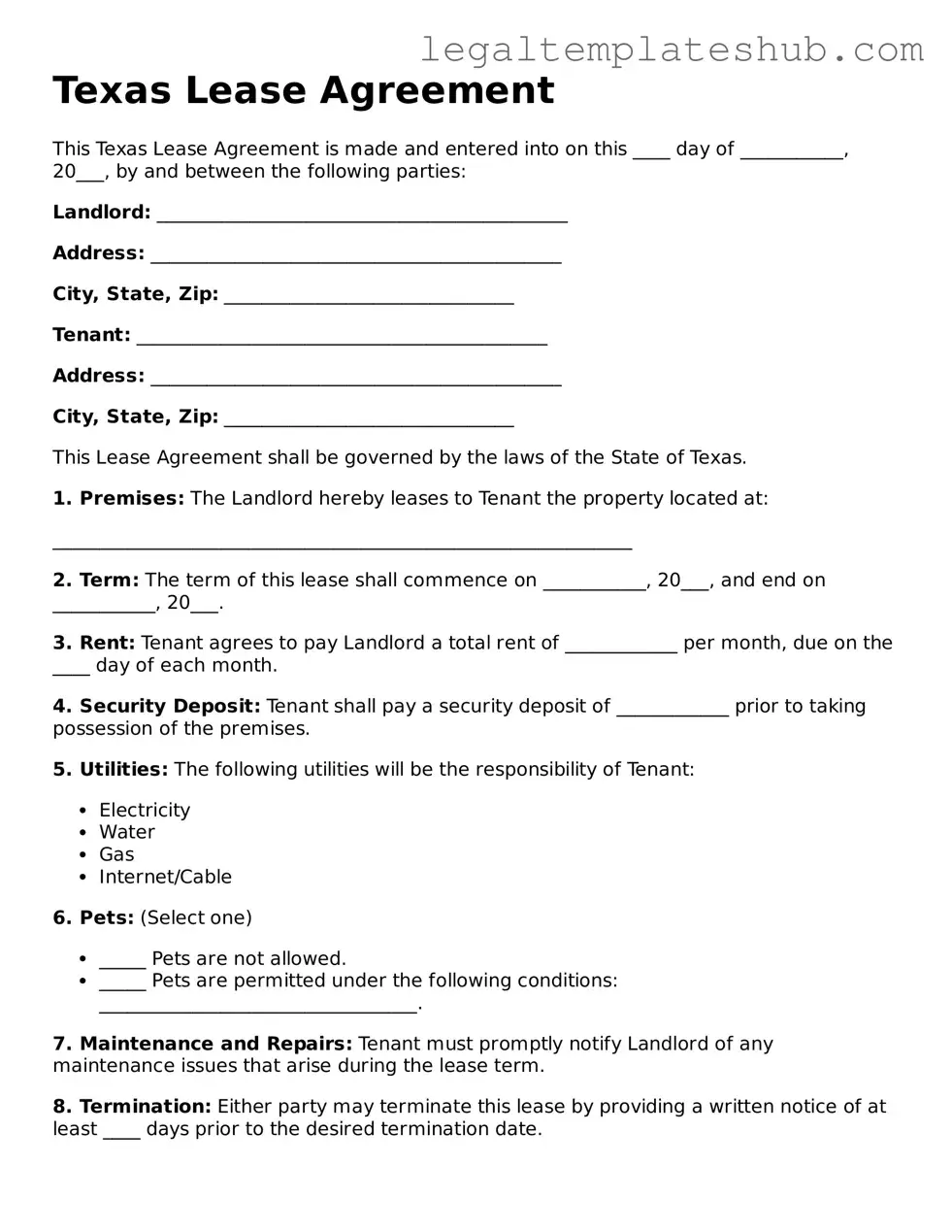 Printable  Lease Agreement Document for Texas
