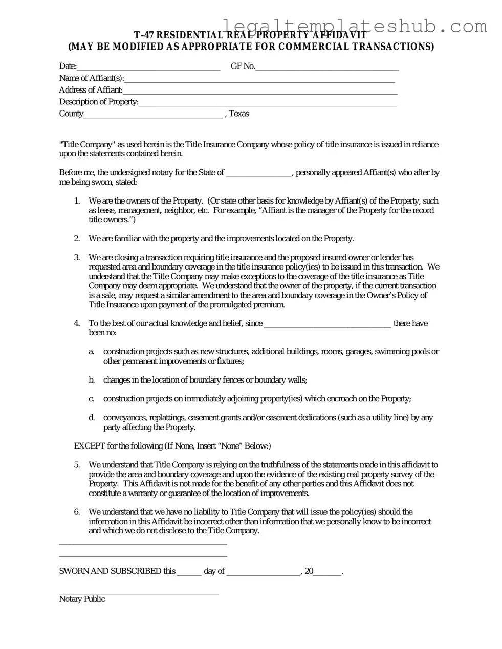 Blank Texas residential property affidavit T-47 PDF Form