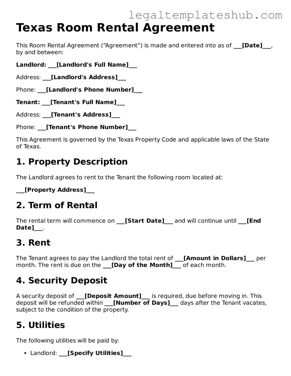 Printable  Room Rental Agreement Document for Texas