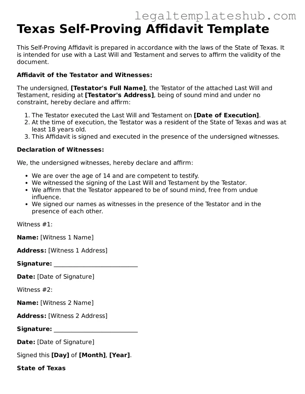 Printable  Self-Proving Affidavit Document for Texas