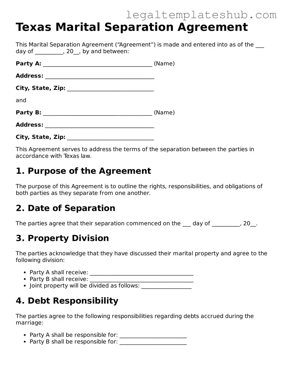 Printable Marital Separation Agreement Document for Texas