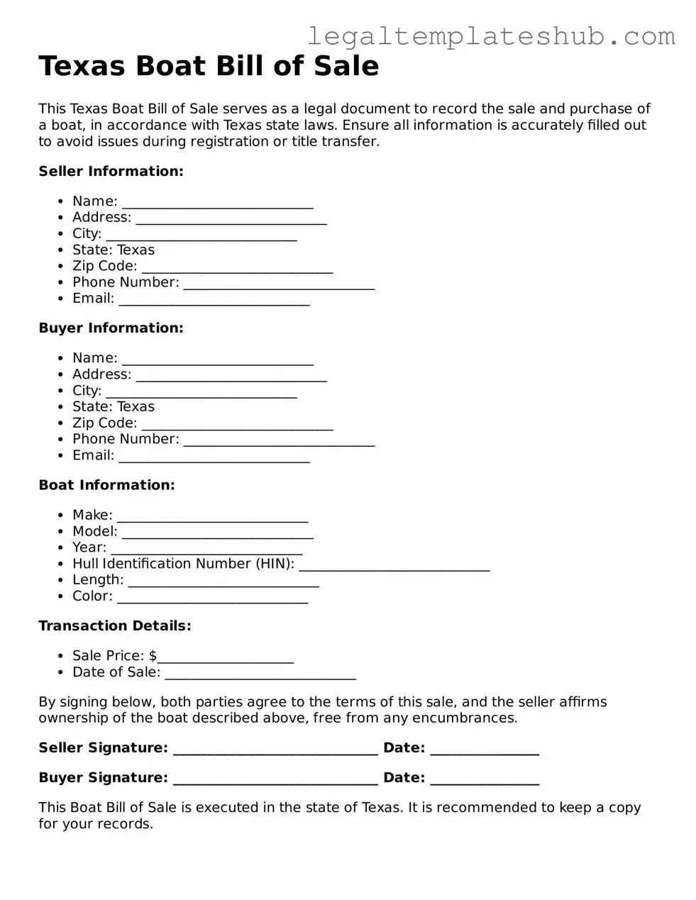 Printable Boat Bill of Sale Document for Texas