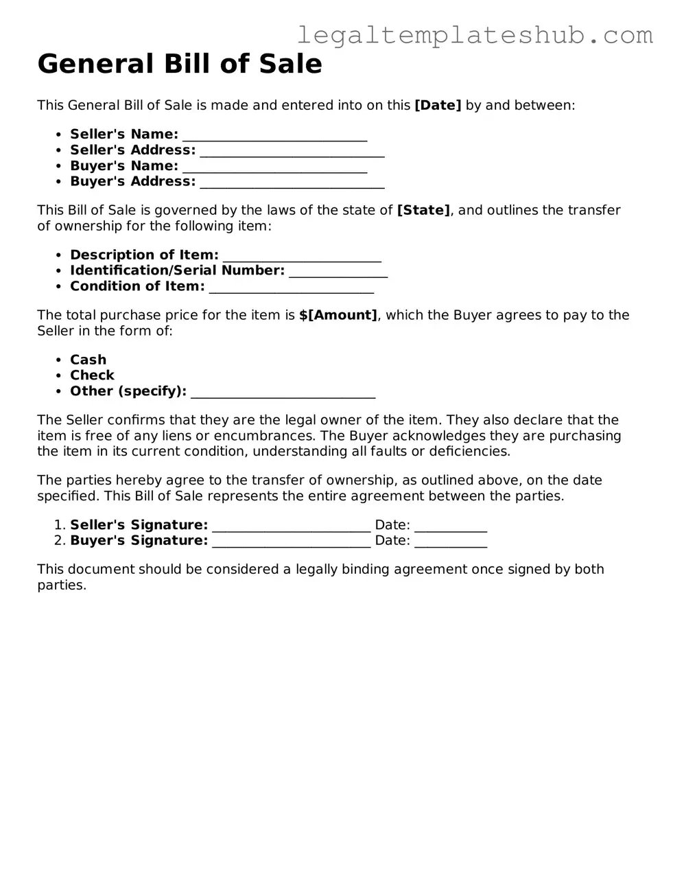 Printable General Bill of Sale Template
