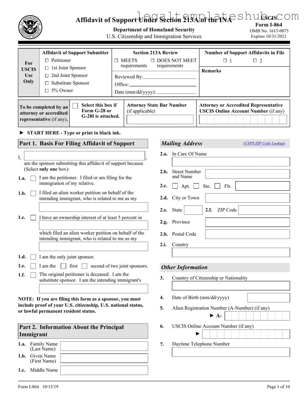 Blank USCIS I-864 PDF Form
