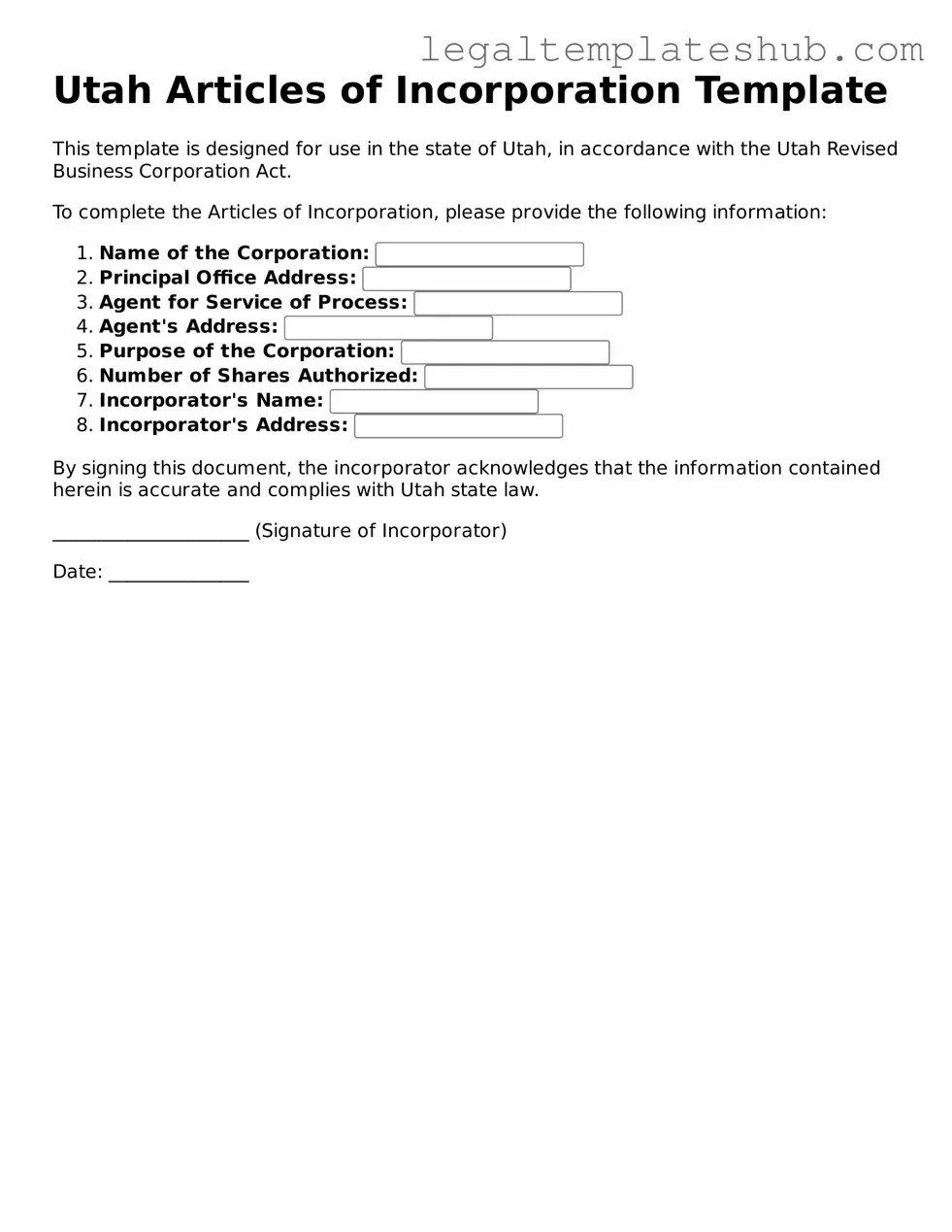Printable  Articles of Incorporation Document for Utah