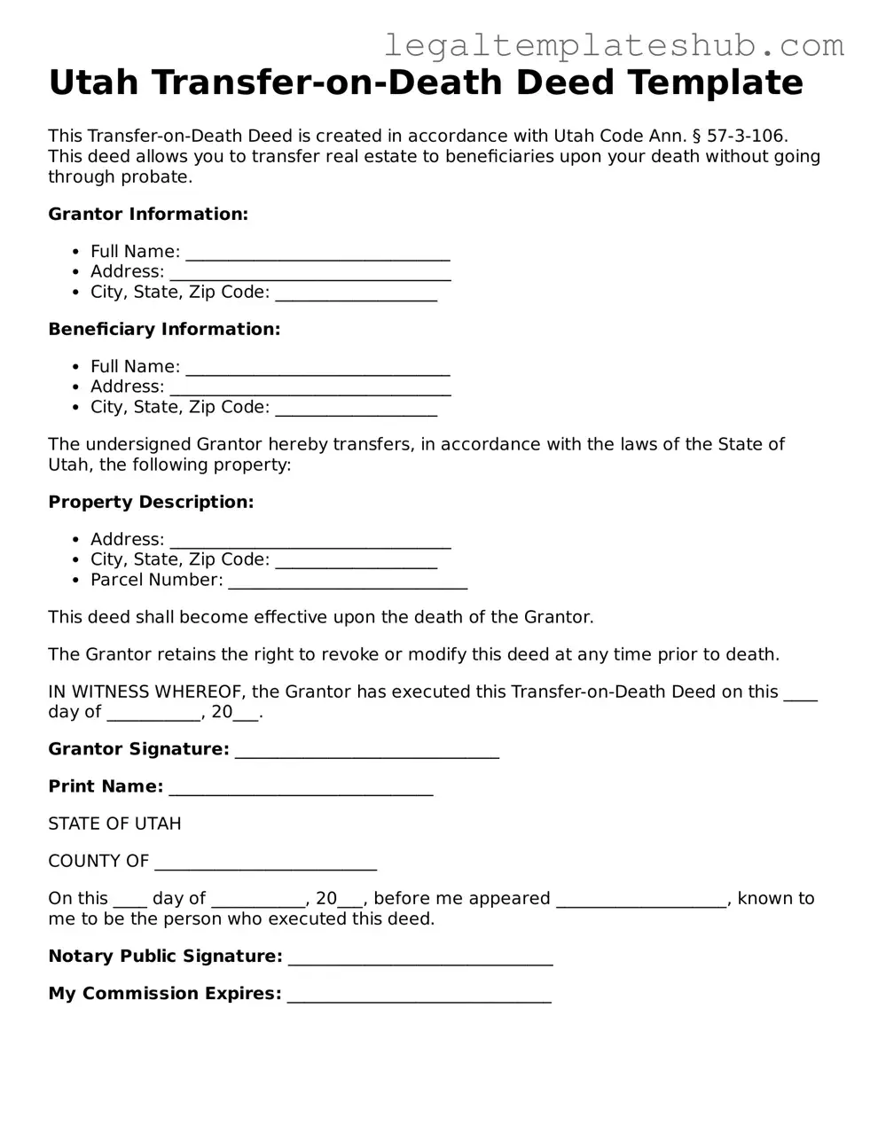 Printable Transfer-on-Death Deed Document for Utah