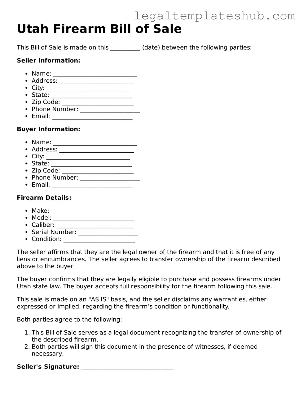 Printable Firearm Bill of Sale Document for Utah