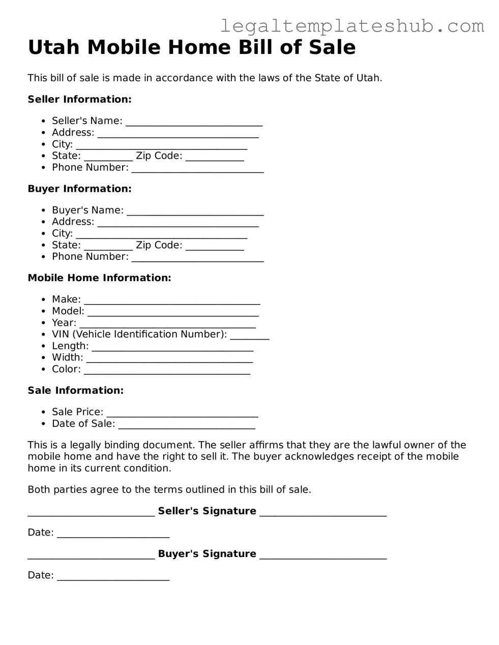 Printable Mobile Home Bill of Sale Document for Utah