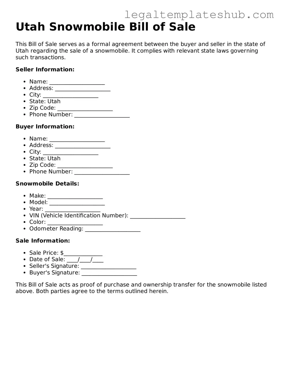 Printable Snowmobile Bill of Sale Document for Utah