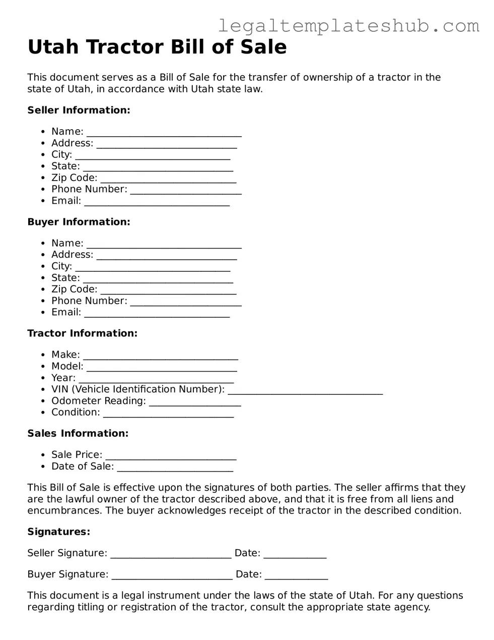 Printable Tractor Bill of Sale Document for Utah