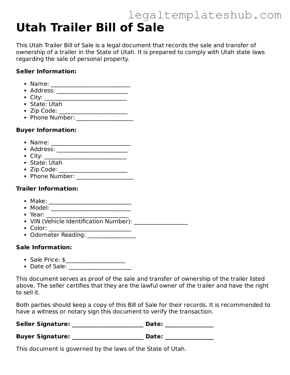 Printable  Trailer Bill of Sale Document for Utah