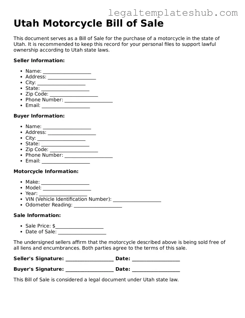 Printable Motorcycle Bill of Sale Document for Utah