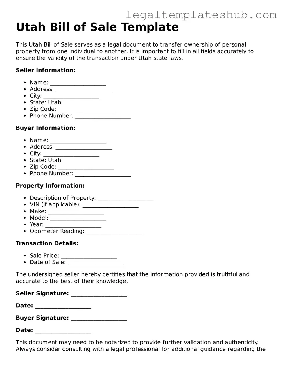 Printable Bill of Sale Document for Utah