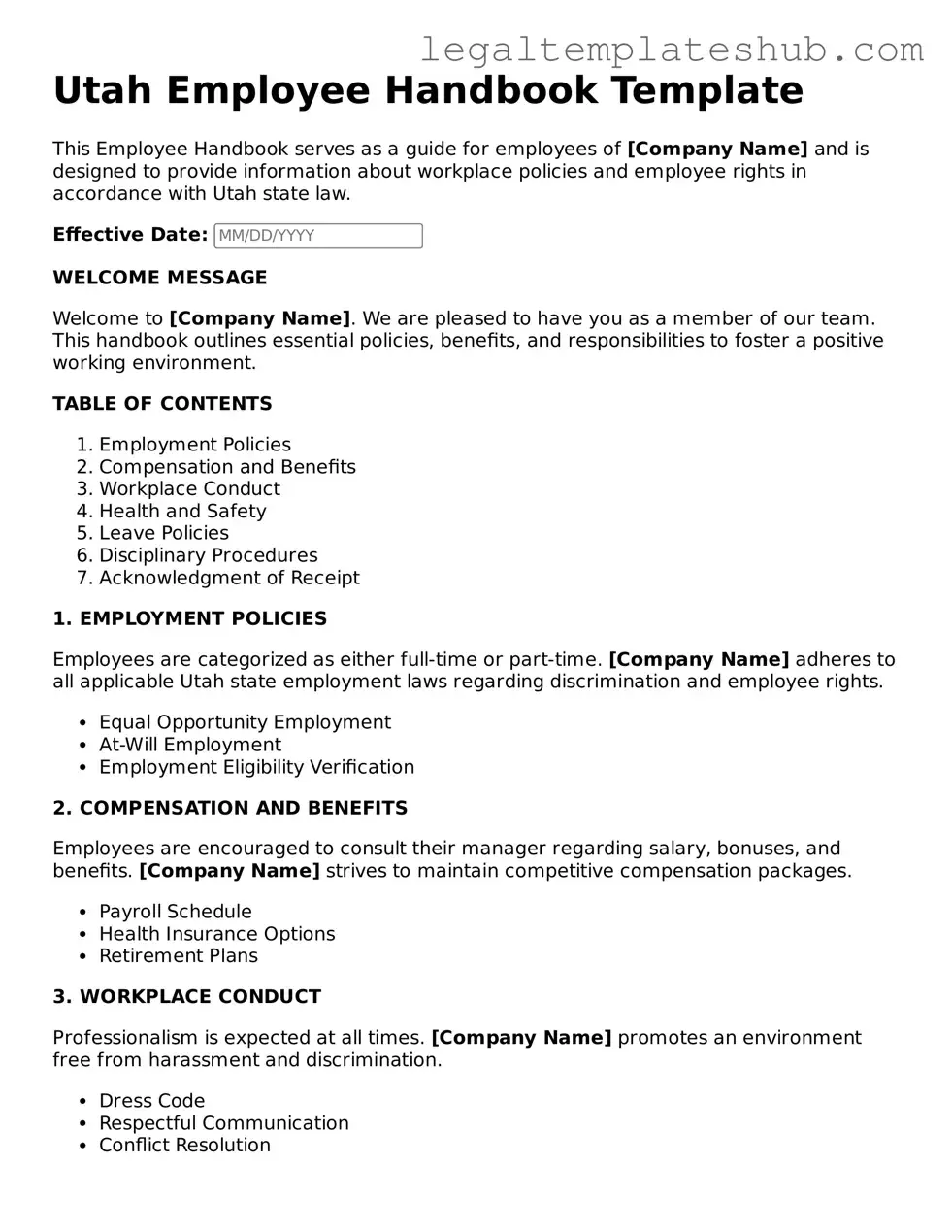 Printable  Employee Handbook Document for Utah