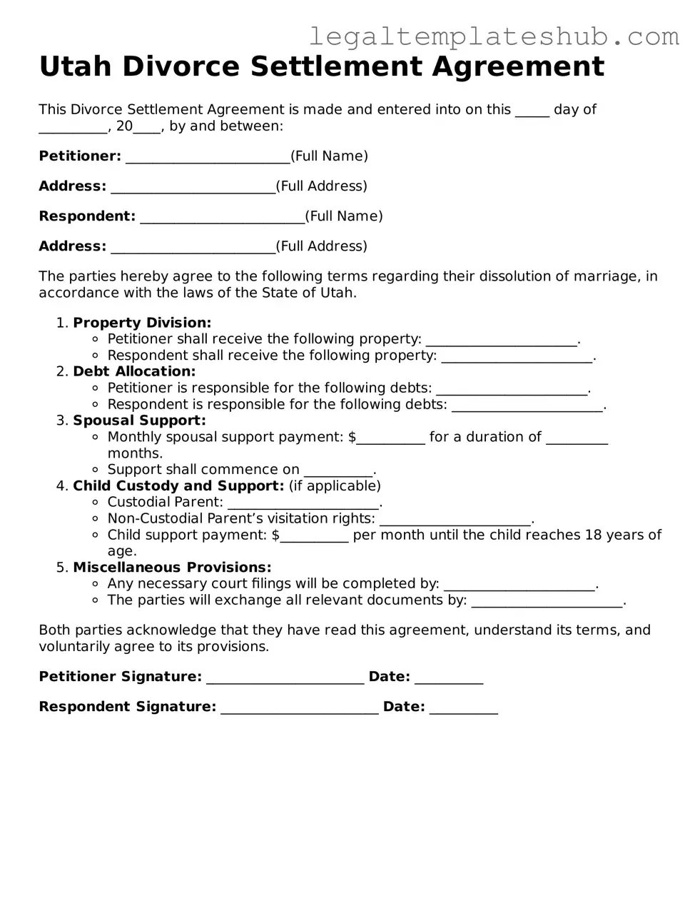 Printable  Divorce Settlement Agreement Document for Utah