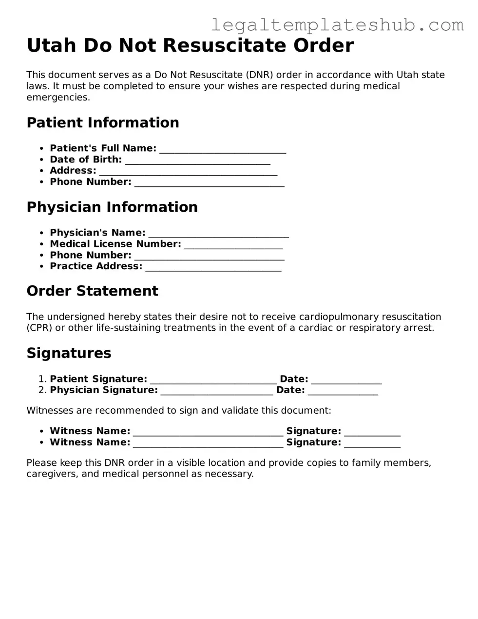 Printable  Do Not Resuscitate Order Document for Utah