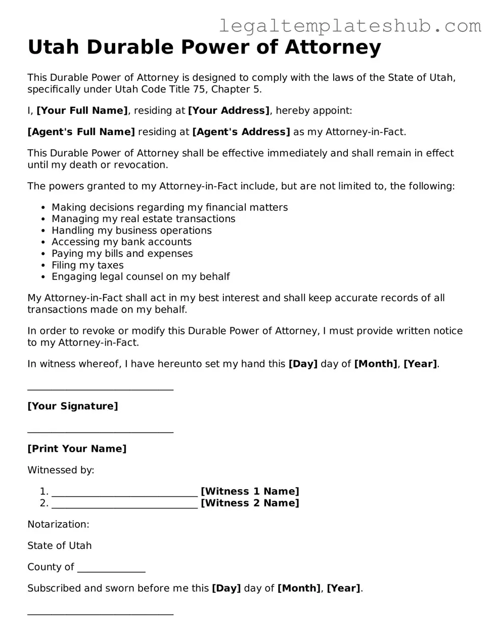 Printable  Durable Power of Attorney Document for Utah