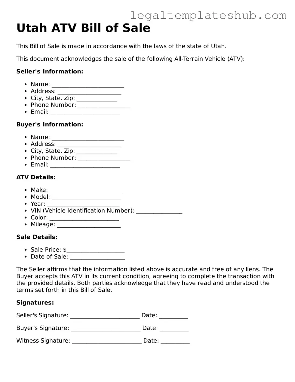Printable ATV Bill of Sale Document for Utah