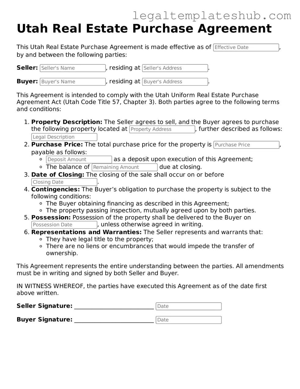 Printable  Real Estate Purchase Agreement Document for Utah