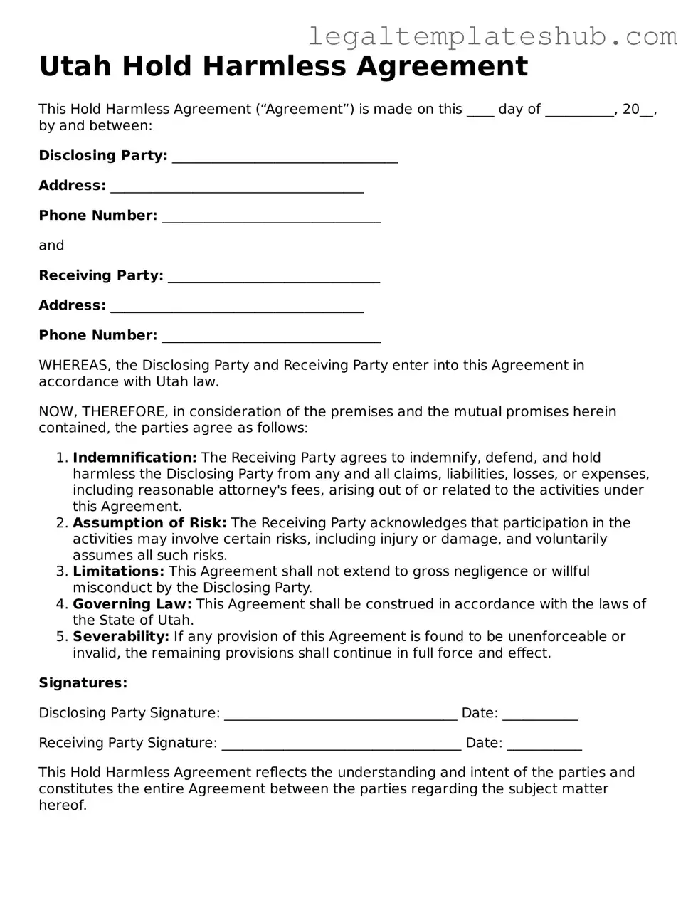 Printable  Hold Harmless Agreement Document for Utah