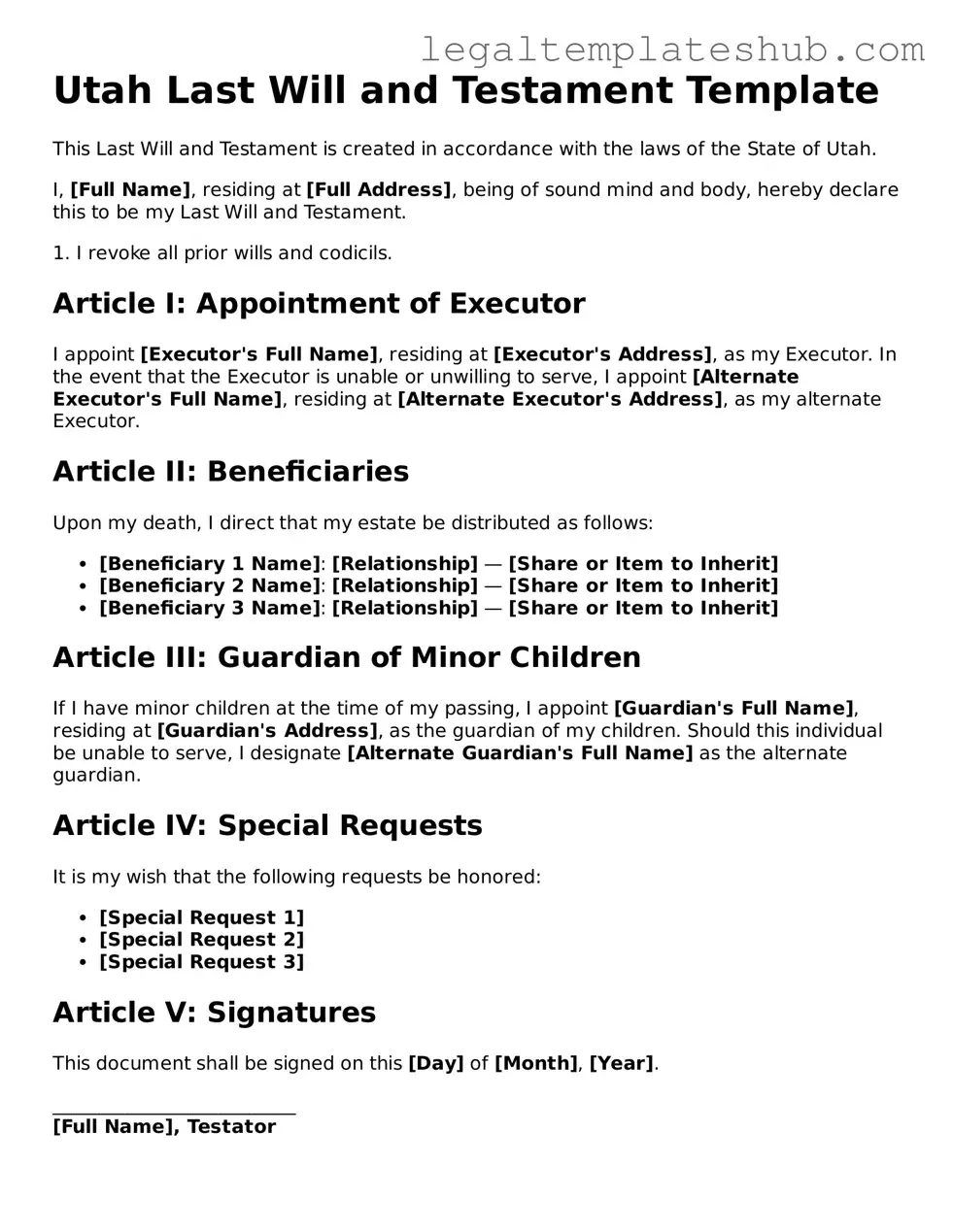 Printable  Last Will and Testament Document for Utah