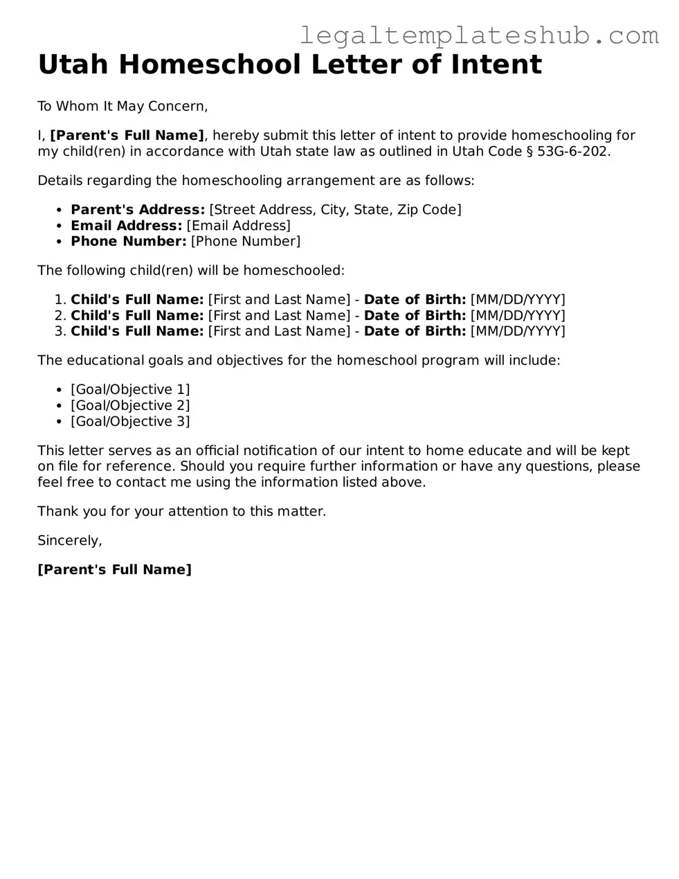Printable  Homeschool Letter of Intent Document for Utah