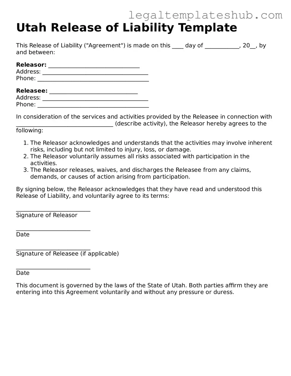 Printable  Release of Liability Document for Utah