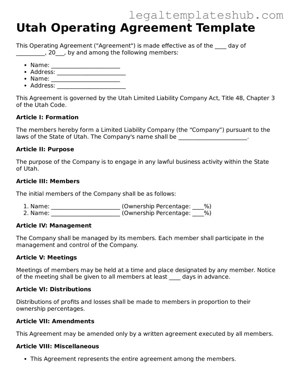 Printable  Operating Agreement Document for Utah