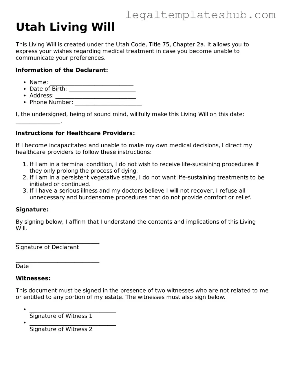 Printable  Living Will Document for Utah