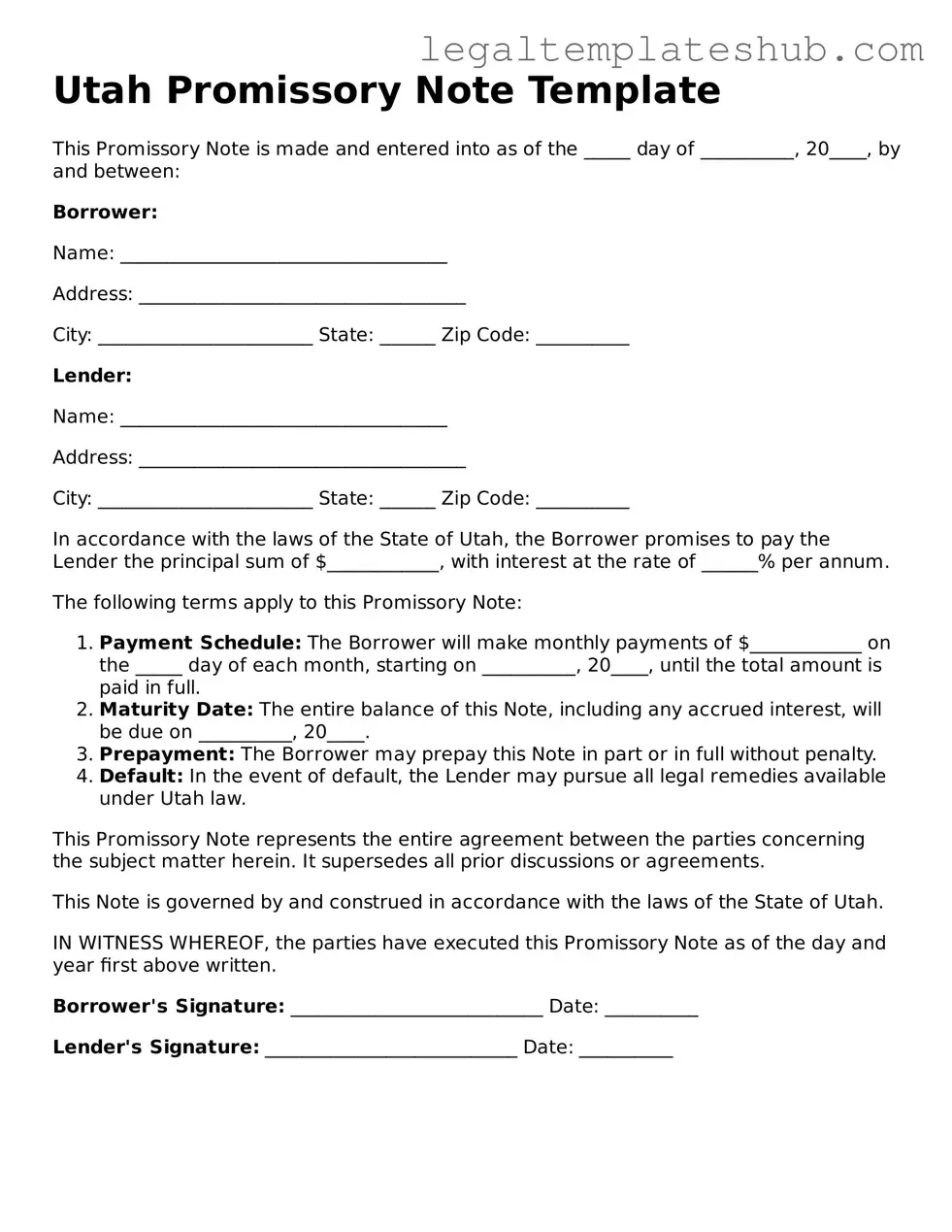 Printable Promissory Note Document for Utah