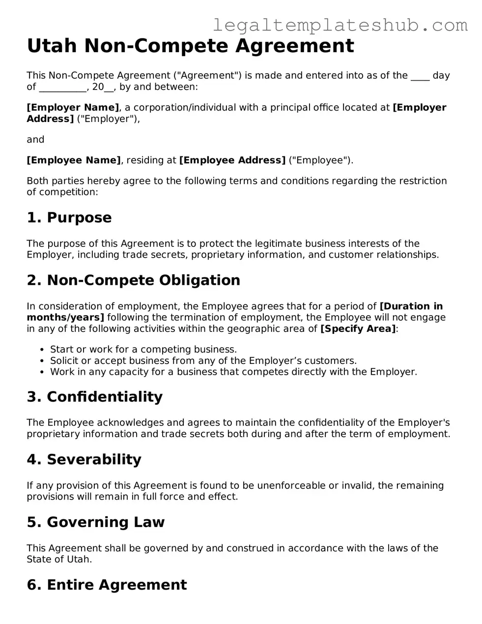 Printable Non-compete Agreement Document for Utah