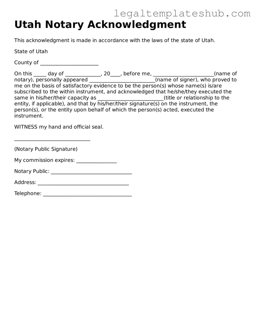 Printable Notary Acknowledgement Document for Utah