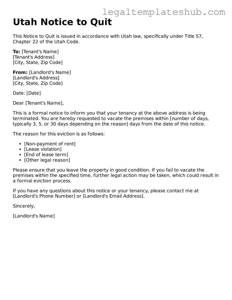Printable Notice to Quit Document for Utah