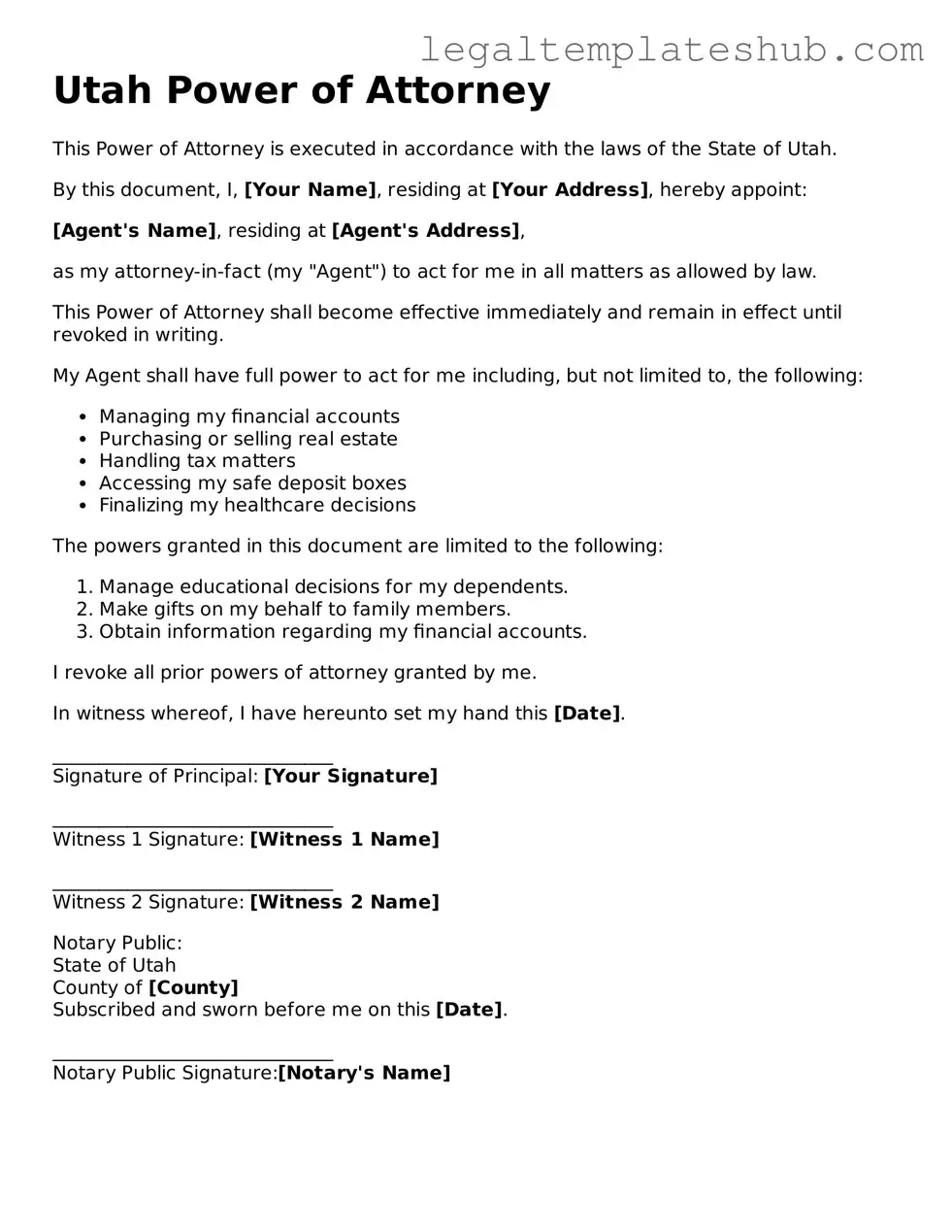 Printable Power of Attorney Document for Utah