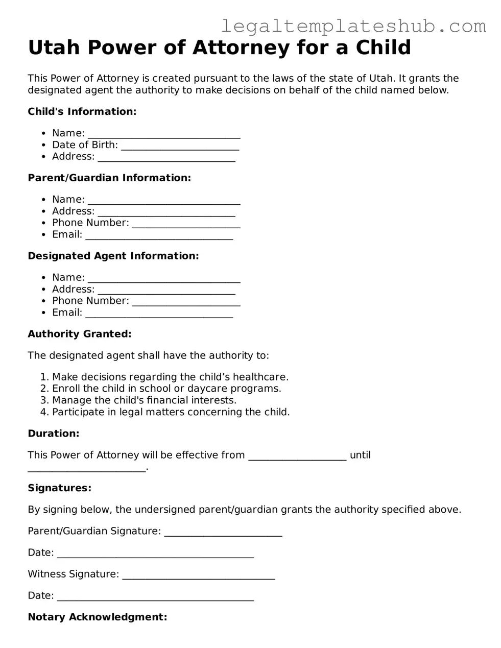 Printable Power of Attorney for a Child Document for Utah