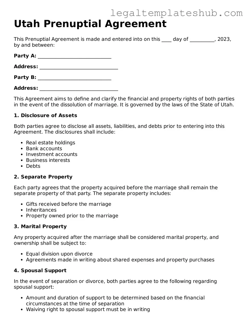Printable Prenuptial Agreement Document for Utah
