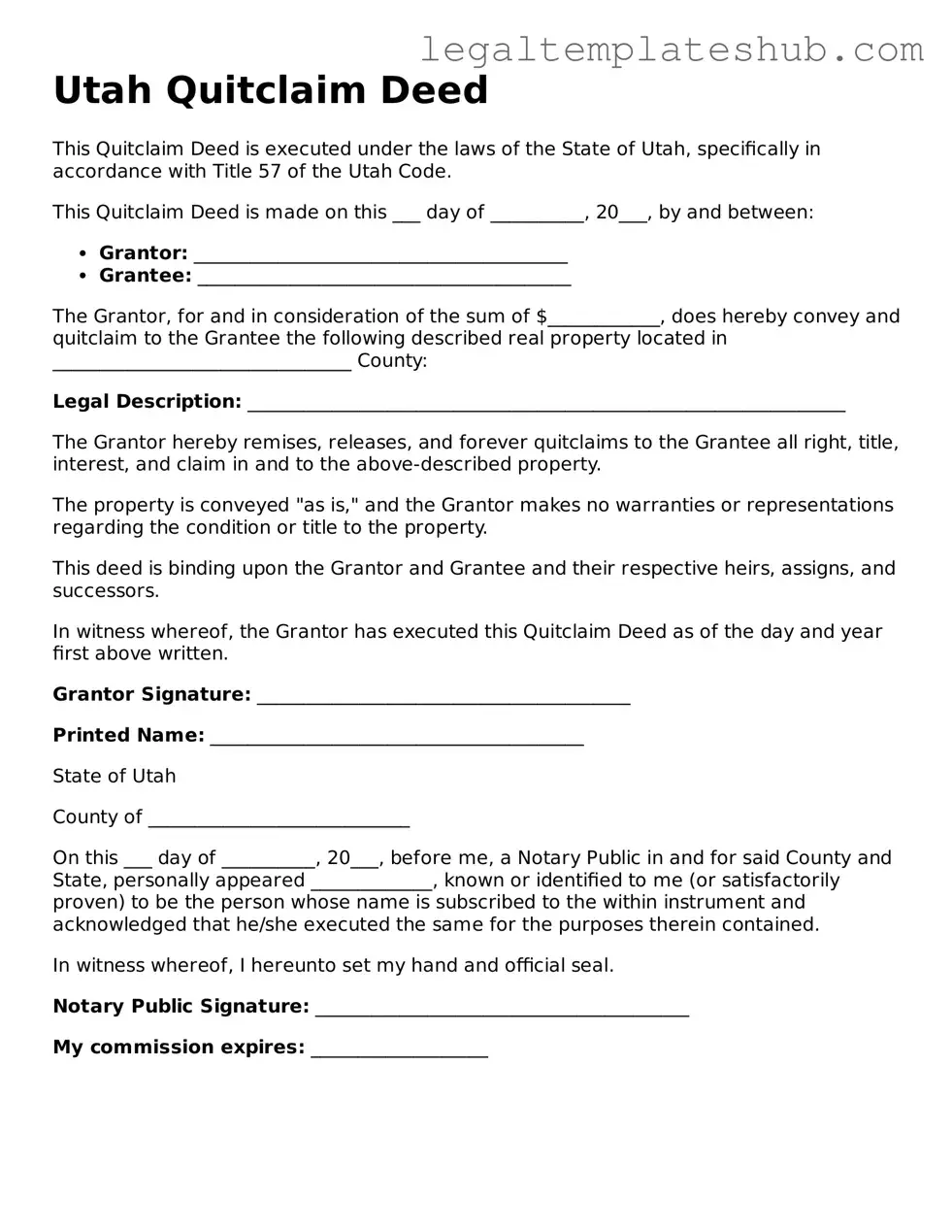 Printable Quitclaim Deed Document for Utah