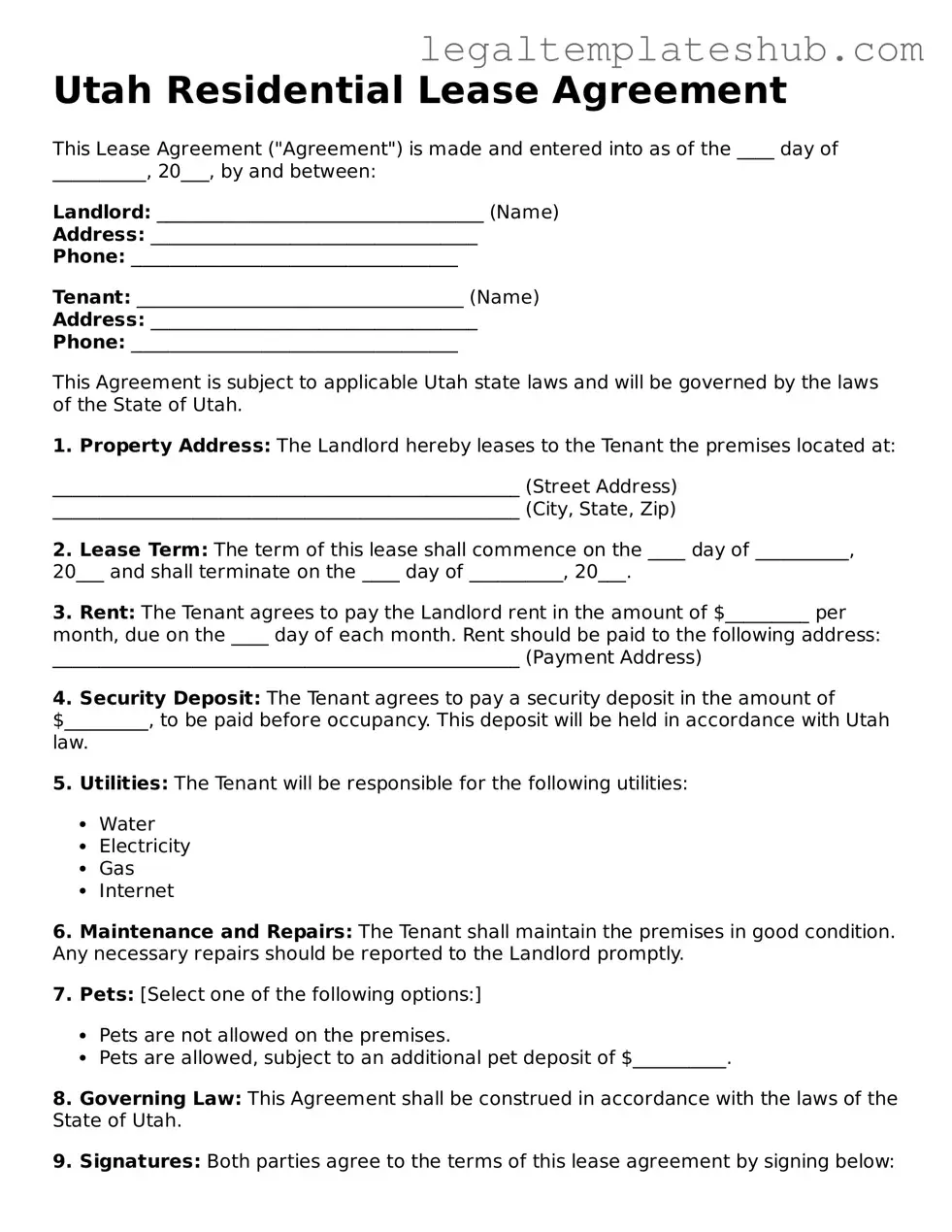 Printable  Lease Agreement Document for Utah