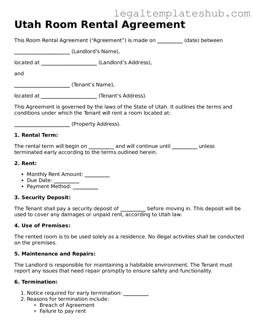 Printable  Room Rental Agreement Document for Utah
